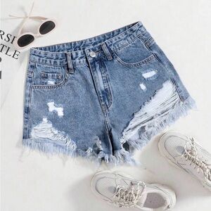 SHEIN Light Blue Distressed High-Waist Denim Shorts